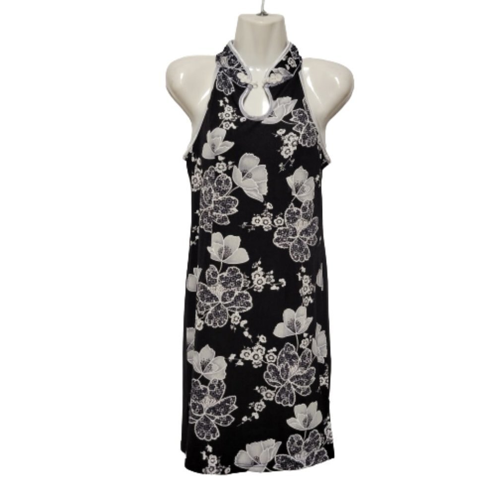 𝅺FLORAL Black White Mandarin Collar Chinese Cheongsam Style Sleeveless Dress S/